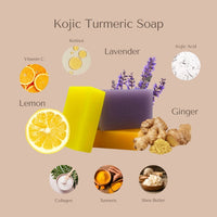 Kojic Turmeric Soap for Dark Spots - Infused with Hyaluronic Acid, Retinol, Vitamin E, Shea Butter, Collagen (3 Pack - Lemon, Fresh Ginger, and Lavender Scent)