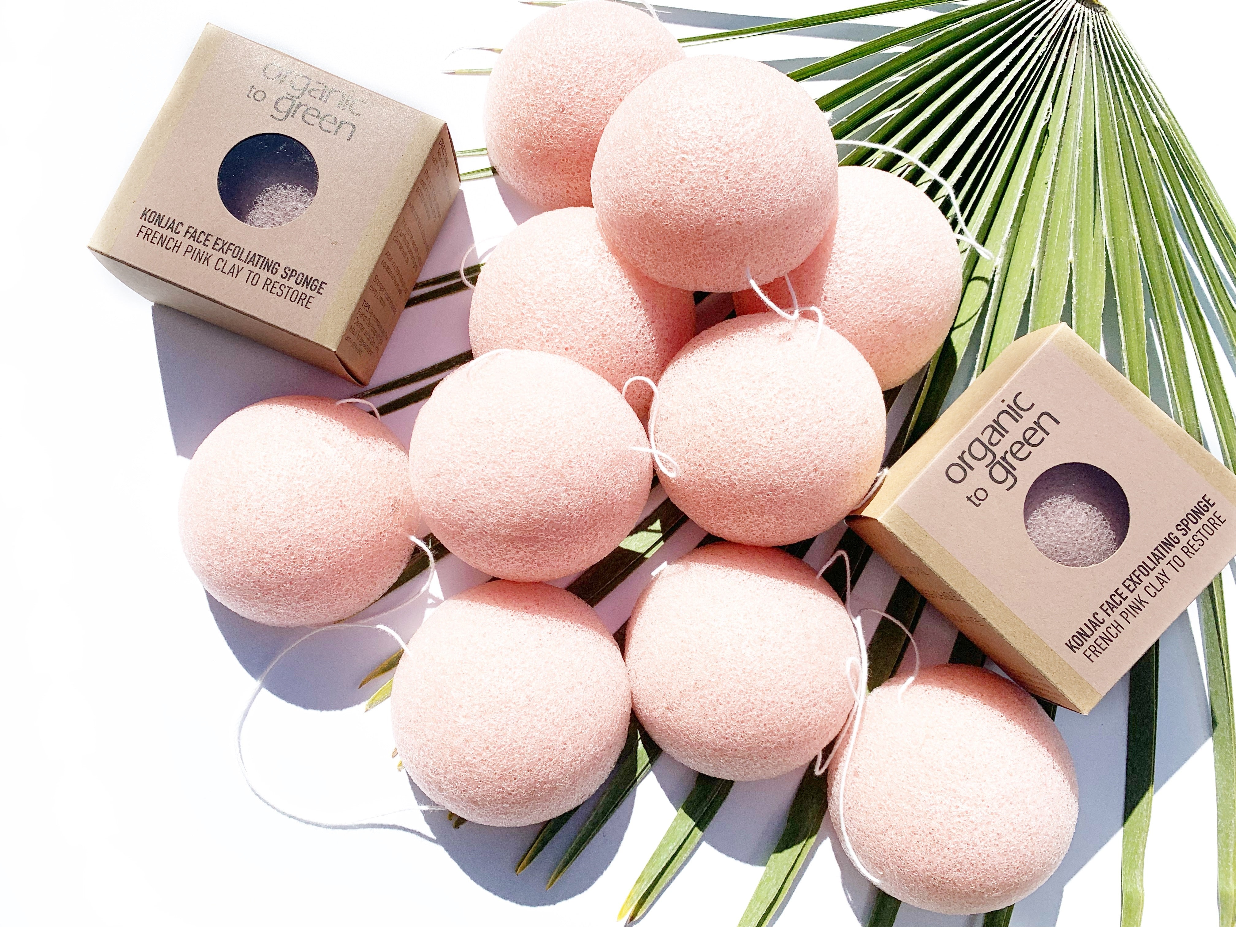 Collection of Organic to Green Konjac Face Exfoliating Sponges in French Pink Clay, flat lay with packaging and palm leaves