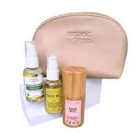 4-Piece Carry-On Size Travel Essentials Gift Box | Luxury Rose Mist, 1.8oz Lemon Coco Oil, & Hand Sanitizer with Vegan Leather Cosmetic Toiletry Bag | Portable Hydration & Hygiene Kit for Air Travel