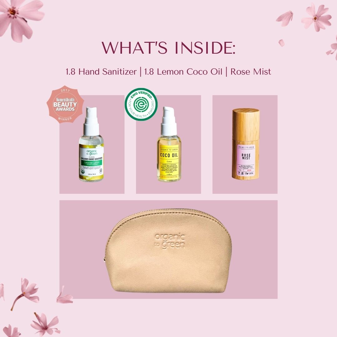 4-Piece Carry-On Size Travel Essentials Gift Box | Luxury Rose Mist, 1.8oz Lemon Coco Oil, & Hand Sanitizer with Vegan Leather Cosmetic Toiletry Bag | Portable Hydration & Hygiene Kit for Air Travel