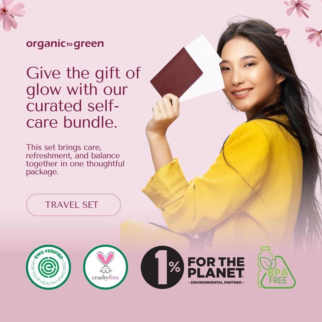 4-Piece Carry-On Size Travel Essentials Gift Box | Luxury Rose Mist, 1.8oz Lemon Coco Oil, & Hand Sanitizer with Vegan Leather Cosmetic Toiletry Bag | Portable Hydration & Hygiene Kit for Air Travel