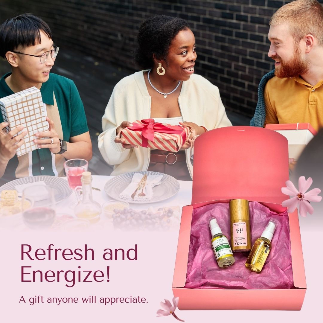 4-Piece Carry-On Size Travel Essentials Gift Box | Luxury Rose Mist, 1.8oz Lemon Coco Oil, & Hand Sanitizer with Vegan Leather Cosmetic Toiletry Bag | Portable Hydration & Hygiene Kit for Air Travel