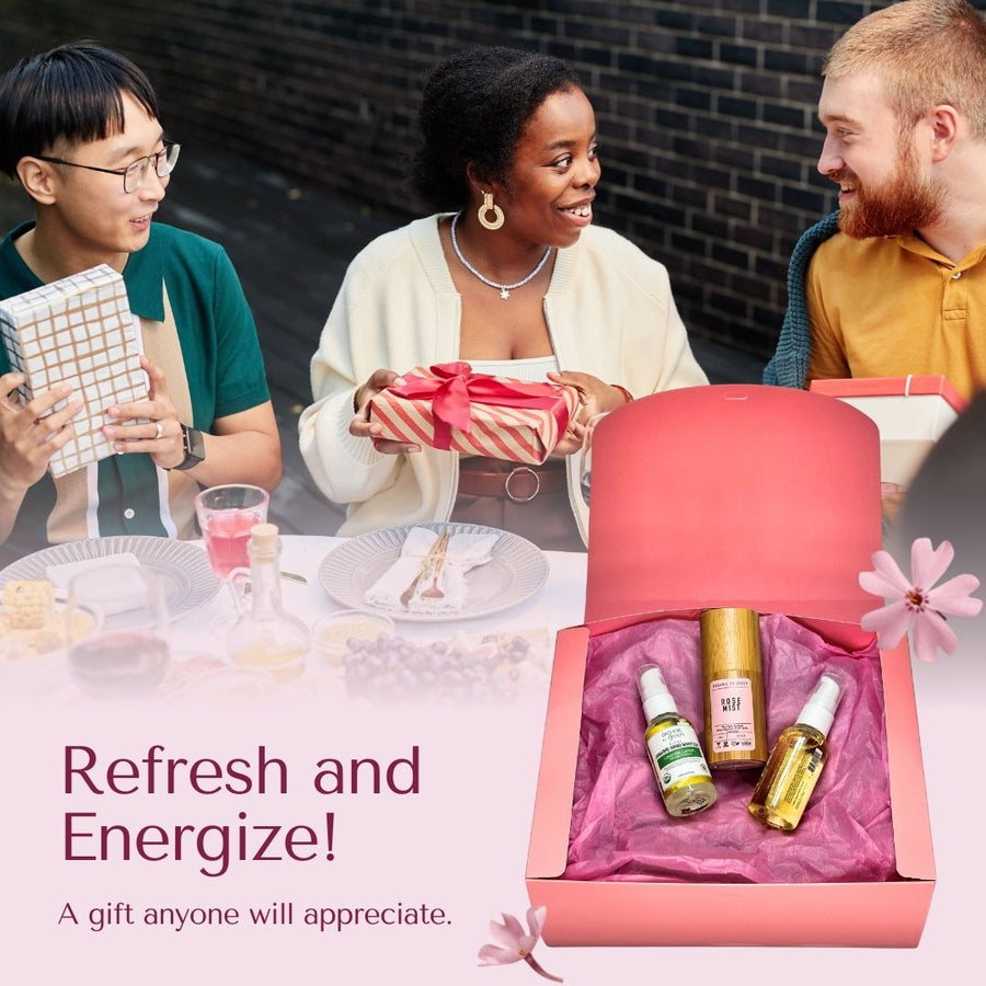 4-Piece Carry-On Size Travel Essentials Gift Box | Luxury Rose Mist, 1.8oz Lemon Coco Oil, & Hand Sanitizer with Vegan Leather Cosmetic Toiletry Bag | Portable Hydration & Hygiene Kit for Air Travel