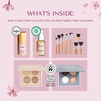 5-Piece Luxury Rose Makeup Gift Set for Women | Complete Glow Kit (Day & Night) with 11 Professional Makeup Brushes and Bag, Hydrating Rose Crème, & Rose Coco Oil | Premium Beauty Collection