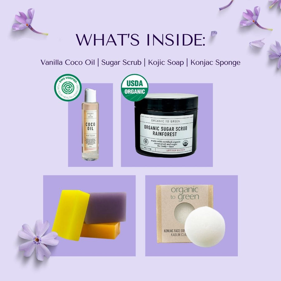 4-Piece Natural Brightening & Detox Bath Gift Set | Kojic Turmeric Soap, Exfoliating Sugar Scrub, Vanilla Coco Oil, & Konjac Exfoliating Sponge | Complete Spa & Skincare Kit for Women