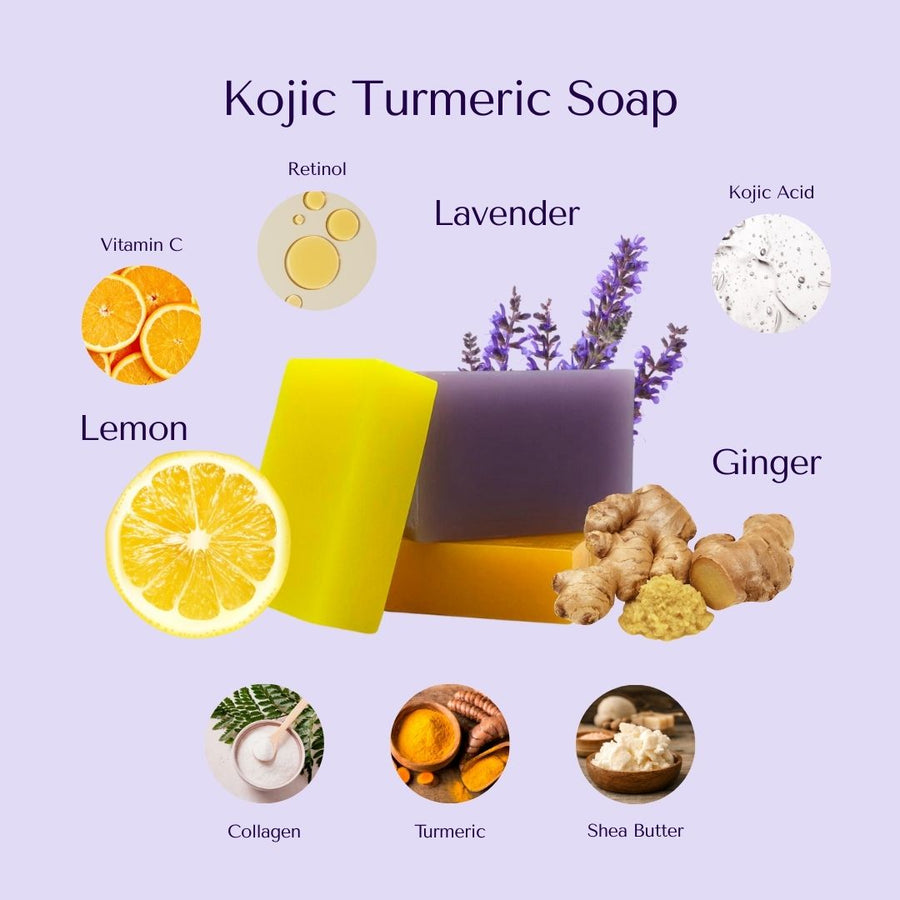 4-Piece Natural Brightening & Detox Bath Gift Set | Kojic Turmeric Soap, Exfoliating Sugar Scrub, Vanilla Coco Oil, & Konjac Exfoliating Sponge | Complete Spa & Skincare Kit for Women