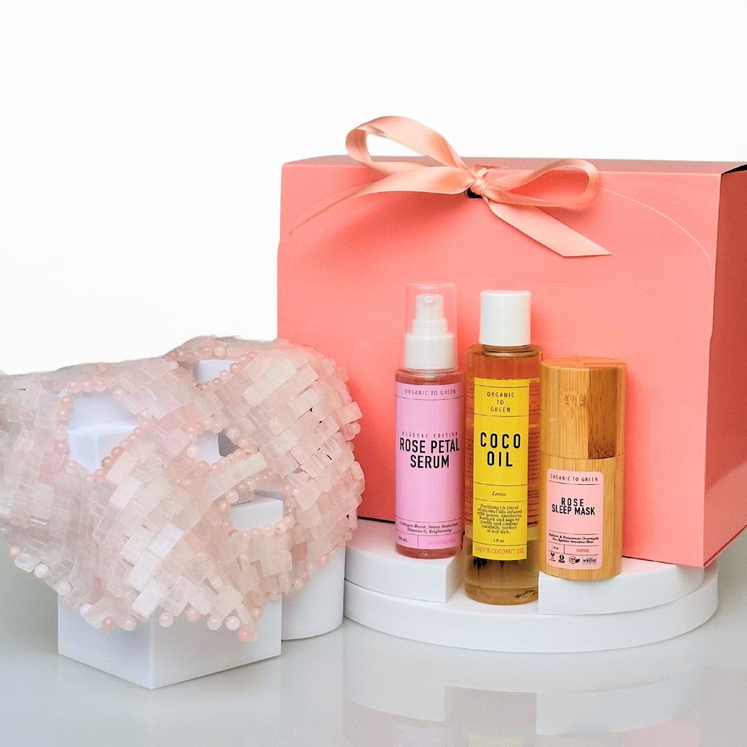 Rose Quartz Spa Gift Set for Women | 4-Piece Skincare Self-Care Kit | Crystal Gem Eye Mask, Hydrating Rose Petal Serum, & 5oz Lemon Coco Oil | Natural Beauty Treatment Kit