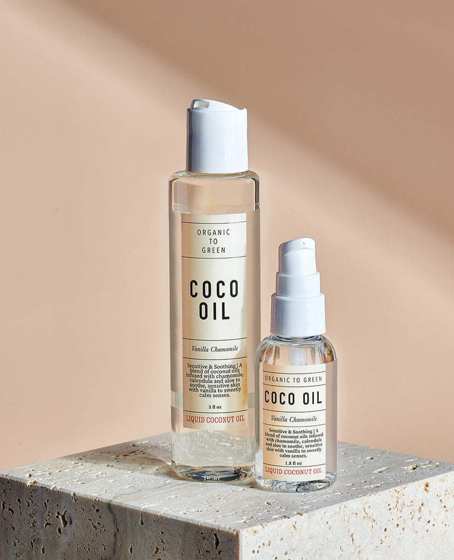 Liquid Coconut Oil For Skin Vanilla Chamomile - Sensitive & Soothing Coco  Oil – Organic to Green Beauty & Wellness, Inc.
